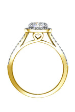 Load image into Gallery viewer, 1.20ct Diamond lab-grown Square Halo Engagement Ring The Cynthia engagement ring is exquisitely crafted in 9 carat yellow gold and set with a sparkling lab grown diamond solitaire centre stone. Framed by a halo of pavé set diamonds and adorned with diamond set shoulders.
