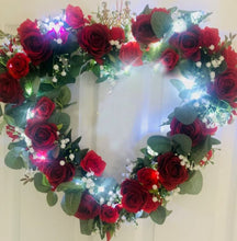 Load image into Gallery viewer, Red realistic faux roses White faux gypsophila 18&quot; wreath gold diamante crown, white battery operated fairy lights
