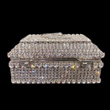 Load image into Gallery viewer, Glittering keepsake box covered in swarovski crystals. Two interlocking hearts on the top of the box.
