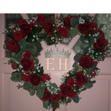 Load image into Gallery viewer, Red realistic faux roses White faux gypsophila 18&quot; wreath gold diamante crown
