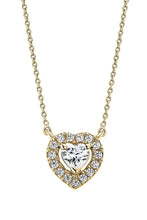 Load image into Gallery viewer, Lab grown diamond necklace set with a heart shape central lab grown diamond. Centre lab grown diamond is framed by a halo of pavé set lab grown diamonds for added sparkle. 9 carat yellow gold 18 inch chain. Total lab grown diamond weight of 0.25ct.
