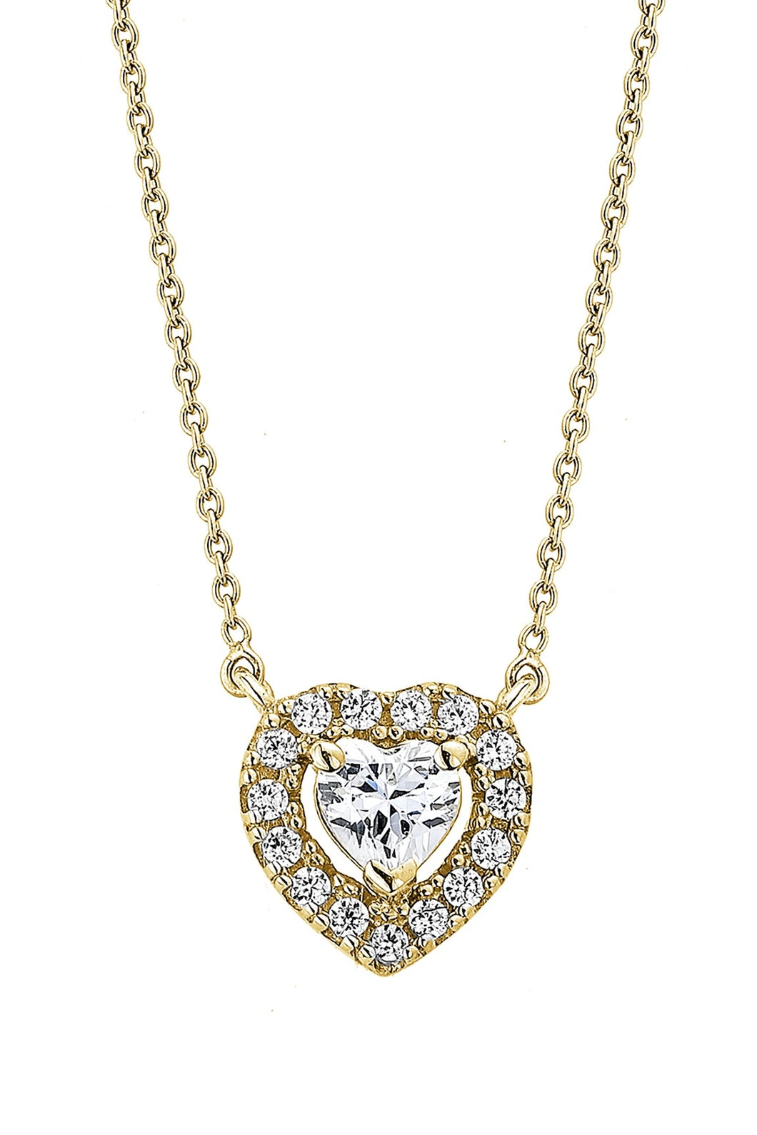 Lab grown diamond necklace set with a heart shape central lab grown diamond. Centre lab grown diamond is framed by a halo of pavé set lab grown diamonds for added sparkle. 9 carat yellow gold 18 inch chain. Total lab grown diamond weight of 0.25ct.